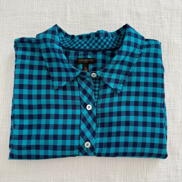 TALBOTS PLUS Button-Front Gingham Holiday Shirt – 100% Cotton – Blue – 1X - Picture 11 of 14